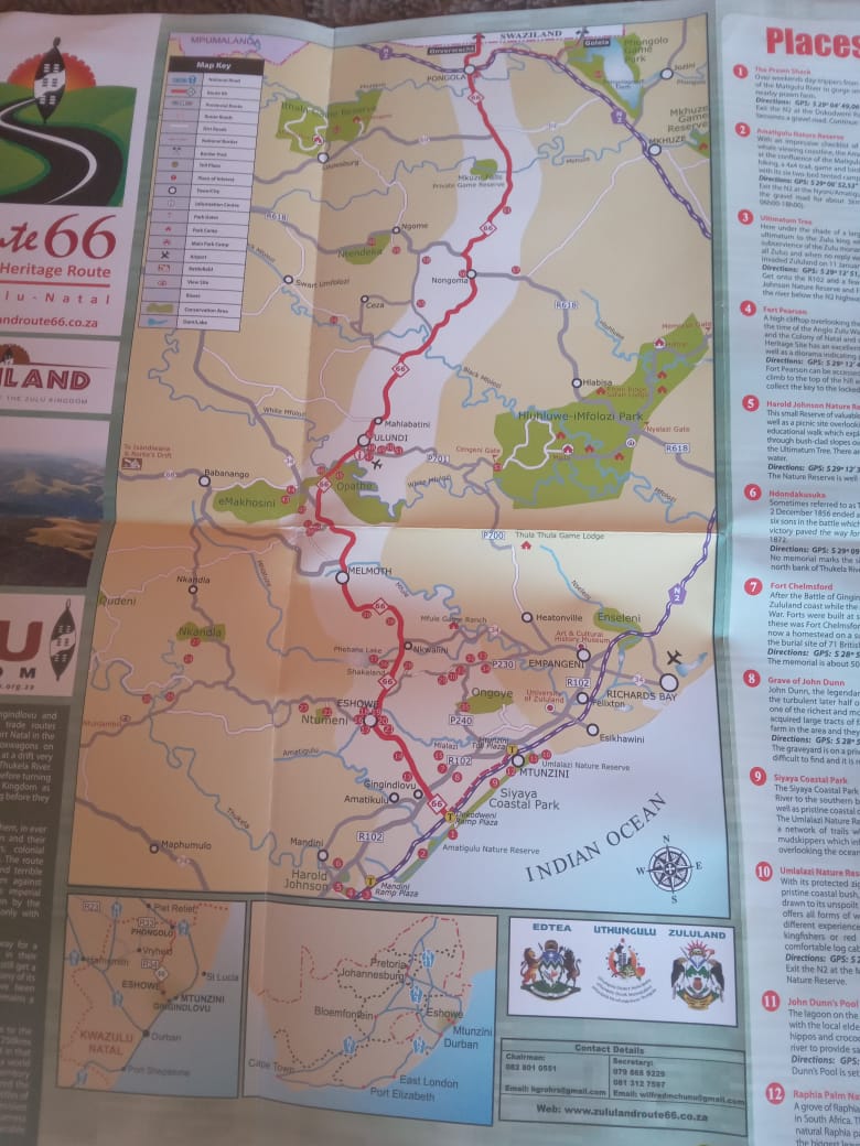 Zululand Heritage Route 66 — printed heritage route map showing signposted places of interest